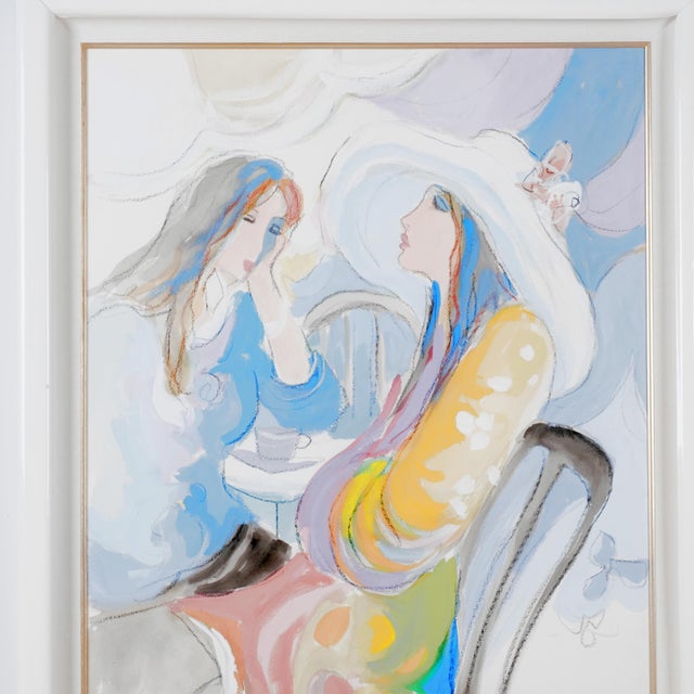 Figurative 1980s Isaac Maimon "Untitled" Two Ladies Sharing Tea Artist Signed One of a Kind Original Mixed Media Framed & Matted Painting For Sale - Image 3 of 6