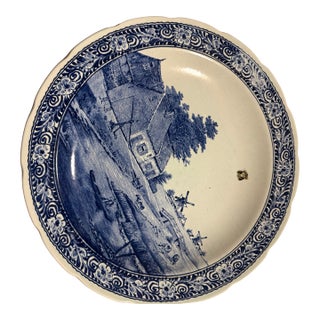 Vintage Large Boch Delfts Blue White Wall Charger Plate 15.5" Dutch Windmill For Sale