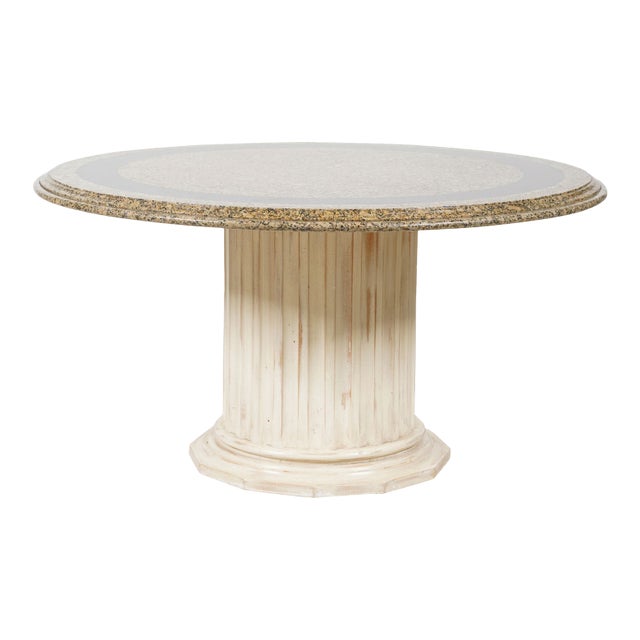 1980s Striking Postmodern Granite & Ebonized Inlay Pedestal Dining Table on Fluted Column Base For Sale