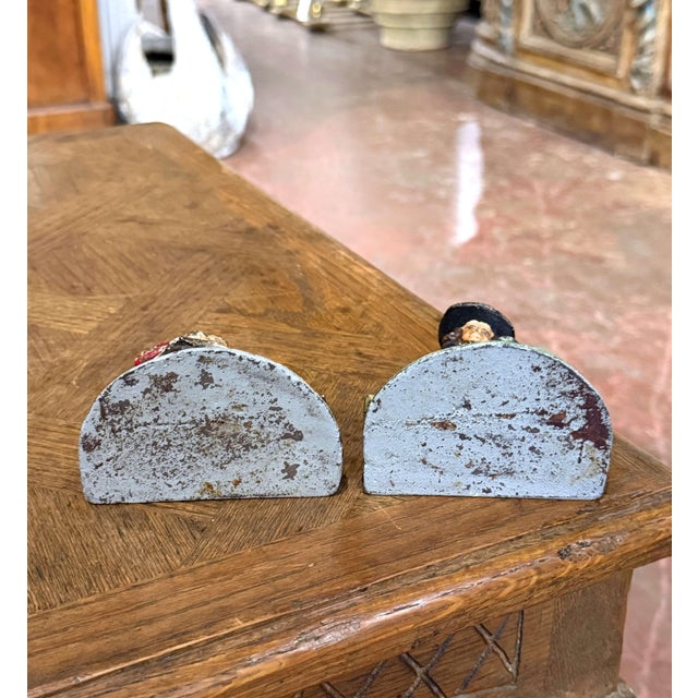 Pair 19th Century French Hand-Painted Cast Iron Figural Bookends For Sale - Image 9 of 9