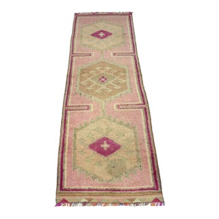 Vintage Soft Neutral Turkish Hand Knotted Runner For Sale