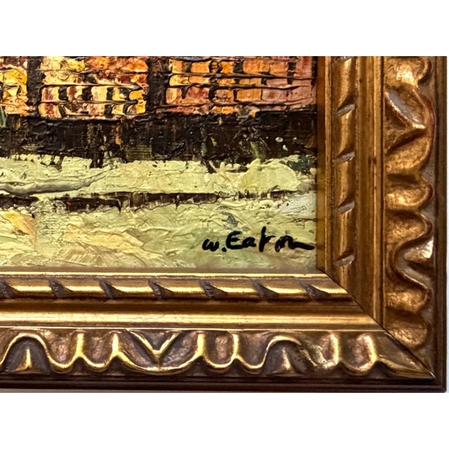 1920s W Eaton Parisian Snow Covered Street Scene Framed Oil on Panel For Sale - Image 4 of 6