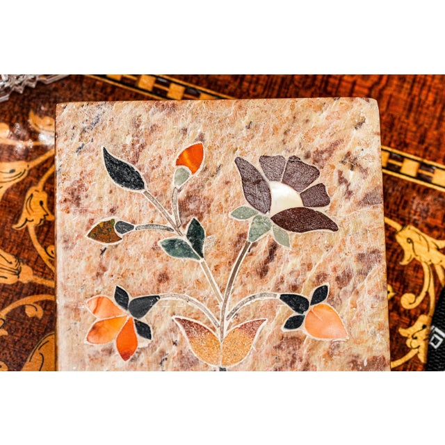 1930s Beautiful Pietra Dura Hand Made Antique Inlaid Stone Flower Specimen Jewelry Trinket Box Home Decor For Sale - Image 4 of 14