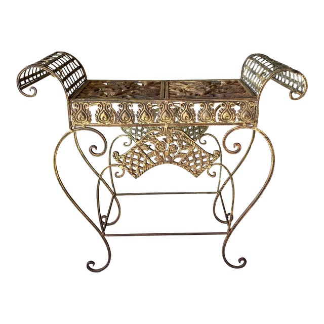 Late 20th-Century Curule-Style Iron & Steel French Regency Garden-Inspired Bench For Sale