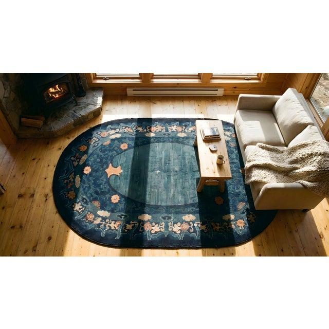 Textile 1920s Blue Floral Oval Antique Chinese Peking Carpet 4' X 6'8" Handknotted Wool Rug For Sale - Image 7 of 9