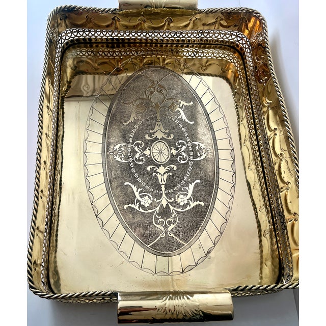 Brass Tray Pierced Decorative Gallery and Large Cylindrical Handl For Sale - Image 4 of 11