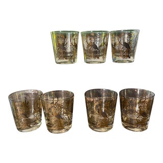Mid 20th Century Osborne Kemper Thomas Gold Peacock Whiskey Glasses - Set of 7 For Sale