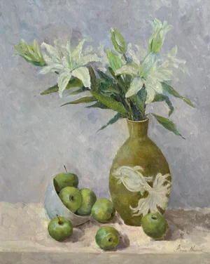 "Still Life With Green Apples" Original Impressionist Oil on Canvas Flower Painting Art by Anna Novick
