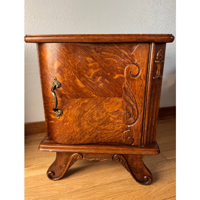 1920s Exceptional Pair of Carved Tiger Oak Art Deco Nightstands For Sale - Image 4 of 16
