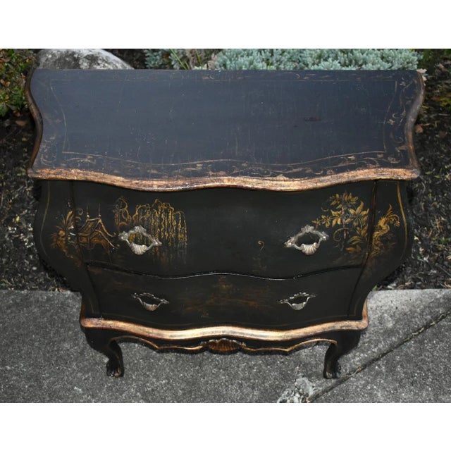 Antique Petite Bombe 2 Drawer Italian Chinoiserie Black Gold Commode For Sale - Image 4 of 13