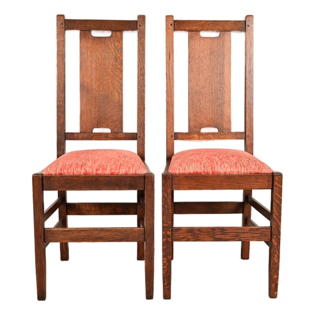 Gustav Stickley Antique Mission Oak Arts & Crafts H-Back Side Chairs or Dining Chairs, Pair For Sale
