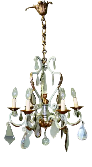 French Iron and Coloured Glass Chandelier, 1890s