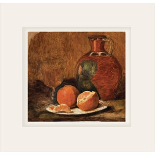 Early 1900's Antique French Still Life Gouache Painting of Jug and Fruit on Paper With Mat For Sale