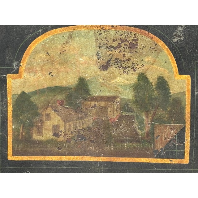 American 18th/19th Century Hand Painted and Artisan Formed Tole Tray - Large Size - New England Village Imagery For Sale - Image 3 of 9