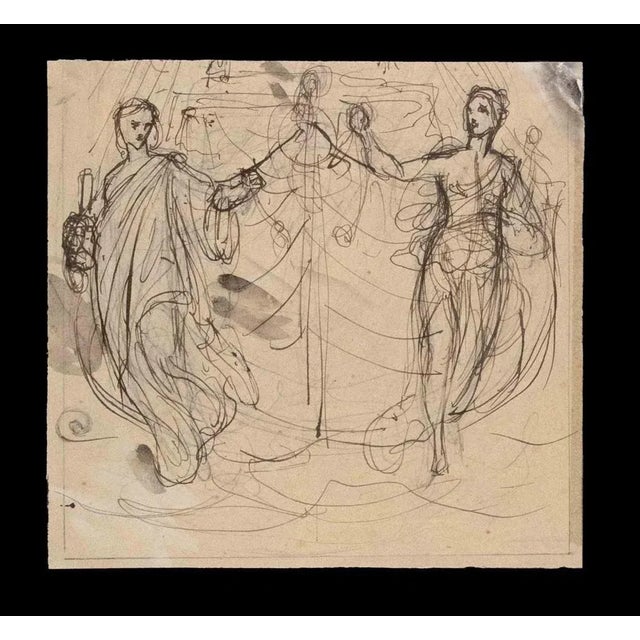Two Dancing Figures is an Original Drawing, feather and brown ink, touches of wash, realized by Jean-Baptiste Auguste...