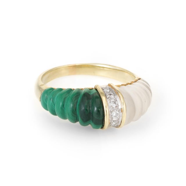 Fluted Rock Crystal Malachite Diamond Dome Ring Vintage 14k Yellow Gold Estate For Sale - Image 4 of 6