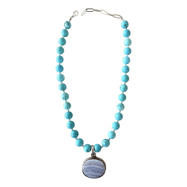Turquoise Beaded Necklace With Vintage Sterling Silver and Blue Lace Agate Pendant - Designed by Matthew For Sale