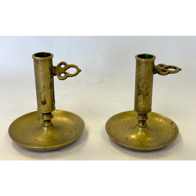 American Signed Antique Brass Adjustable Height Push-Up Candleholders- A Pair For Sale - Image 3 of 10