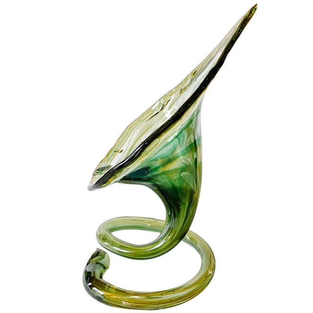 1970s Art Deco Style Hand-Blown Green Swirl Calla Lily Vases - a Pair For Sale - Image 4 of 12