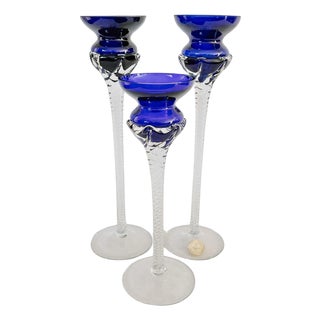 Vintage Romanian Cobalt Blue Hand-Blown Crystal Candlesticks With Twisted Stems – Set of 3 For Sale