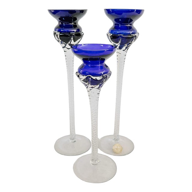 Vintage Romanian Cobalt Blue Hand-Blown Crystal Candlesticks With Twisted Stems – Set of 3 For Sale