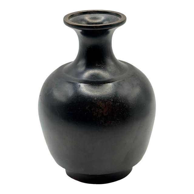 Vintage Black Glazed Stoneware Bud Vase, Asian Wabi-Sabi Ceramic, 5” For Sale