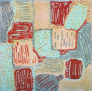 21st Century "Desert" Pastel Peach, Blue, and Gray Abstract Geometric Patterned Painting by Paul Reeves