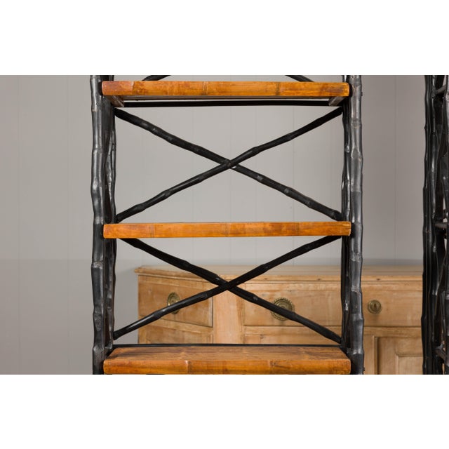Wood Midcentury Tall French Black and Brown Faux Bamboo Shelves, a Pair For Sale - Image 7 of 12