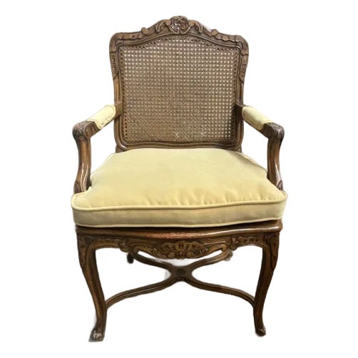 Carved and Caned Fauteuil Chair With Cushion For Sale