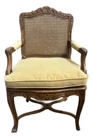 Carved and Caned Fauteuil Chair With Cushion