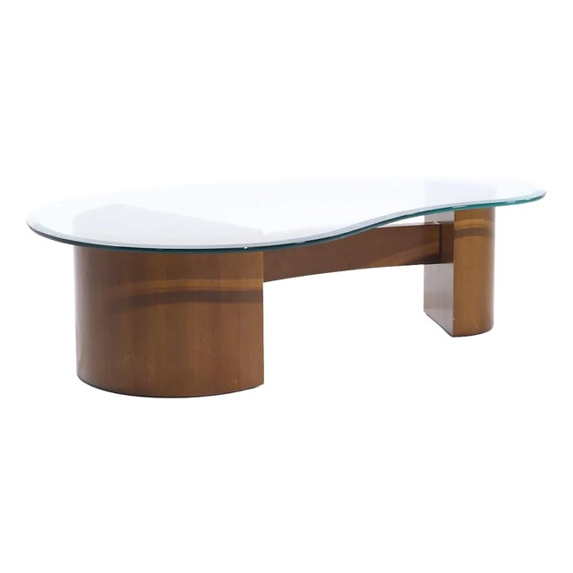 Vladimir Kagan Style Mid Century Walnut and Glass Biomorphic Coffee Table For Sale