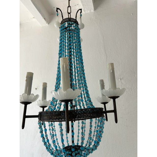 Italian Empire White Murano Opaline Beads Blue Beaded Tole Chandelier, C 1900 For Sale - Image 10 of 10