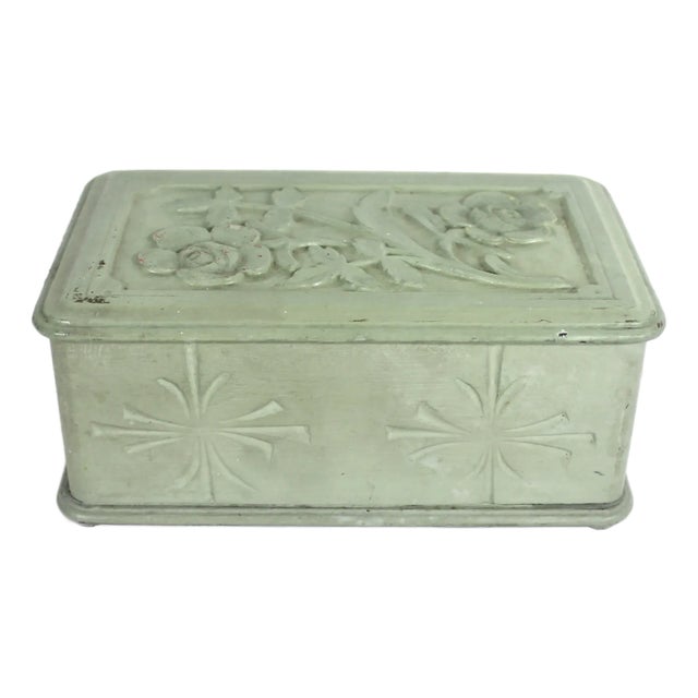 Vintage Folk Art Handmade Carved and Painted Wood Trinket Box Green For Sale
