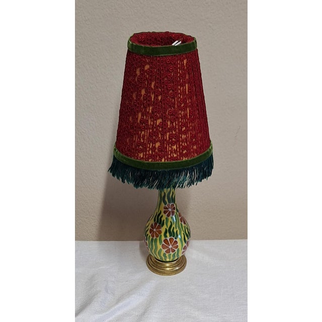 Antique Art Nouveau Table Lamp with Painted Ceramic Base in Brass Socket and Fabric Shade by Lamplove, 1910s For Sale - Image 4 of 10