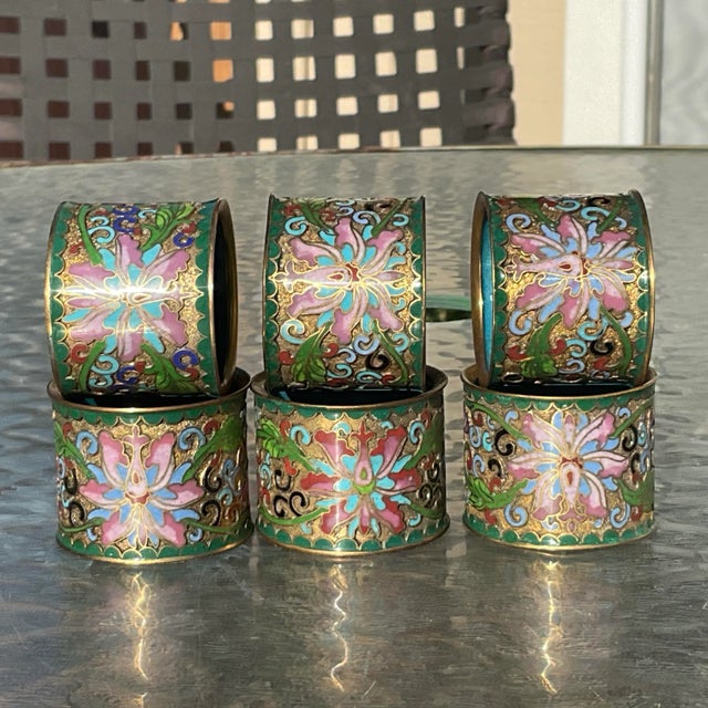 Metal Champleve Cloissone Enamel Chinese Napkin Rings- Set of 6 For Sale - Image 7 of 8
