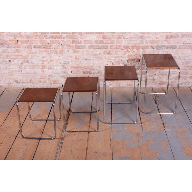 Brown Nesting Tables in Oak and Chrome by M. Breuer for Thonet, Czech, 1920s, Set of 4 For Sale - Image 8 of 15