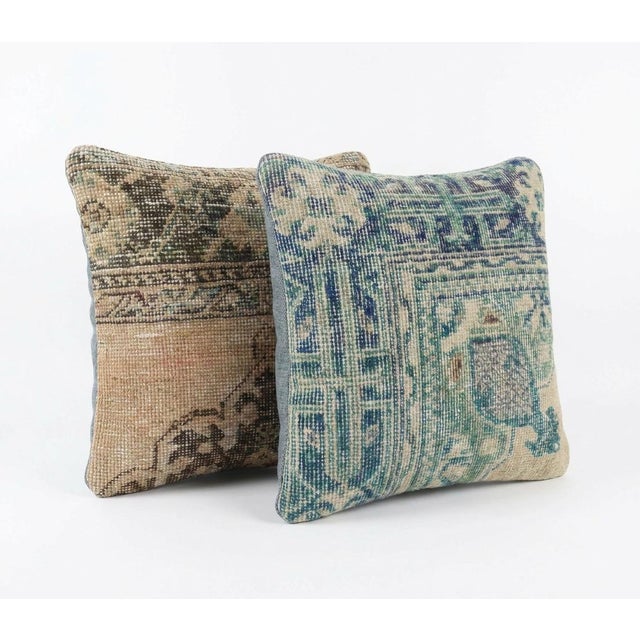 Mid-Century Modern Bohemian Turkish Rug Pillow Cover 16'' X 16'' - Set of Two For Sale - Image 3 of 4