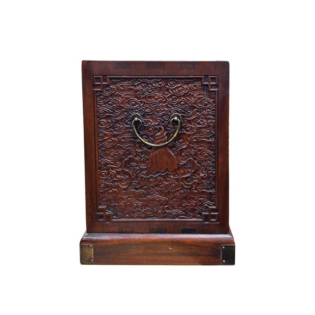 Brown Oriental Cloud Scroll Relief Motif Treasure Chest Box Brown Color Wood For Sale - Image 8 of 11