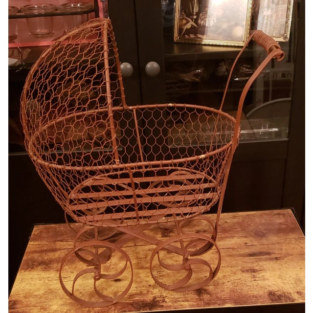 1980s Vintage Metal Brown Buggy Planter With Chicken Wire and Iron Wheels For Sale - Image 5 of 9