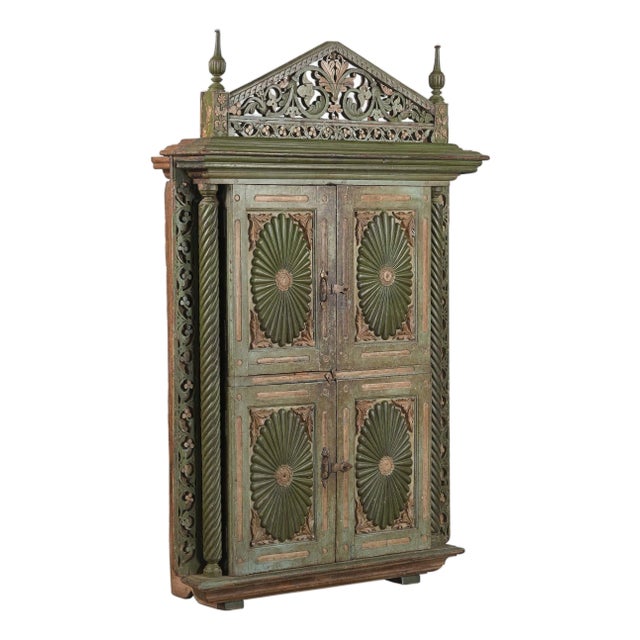 Antique Indian Carved and Painted Teakwood Armoire For Sale