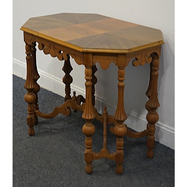 Vintage Antique Mediterranean Revival Old World Black Walnut & Pecan 36" Accent Table W. Intricate Turned Baluster Legs For Sale - Image 4 of 8