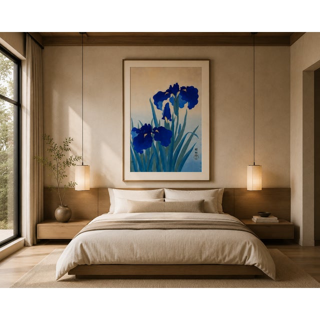 Blue Iris Flowers by Ohara Koson, Japanese Woodblock Print, 32" X 48" For Sale - Image 9 of 12