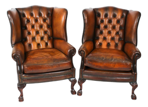 Antique Chippendale Revival Wingback Armchairs in Leather, 1920s, Set of 2