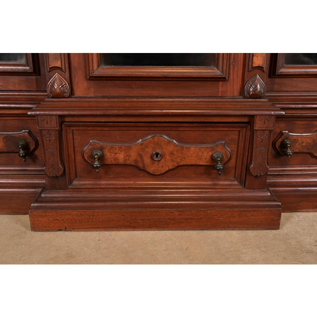 Herter Brothers Style Antique Eastlake Victorian Carved Walnut and Burl Wood Triple Bookcase Cabinet, Circa 1880s For Sale - Image 10 of 14