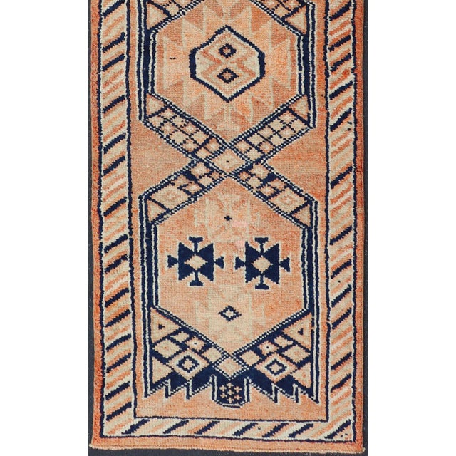 Tribal Tribal Medallion Design Vintage Turkish Runner in Orange and Navy Blue For Sale - Image 3 of 12