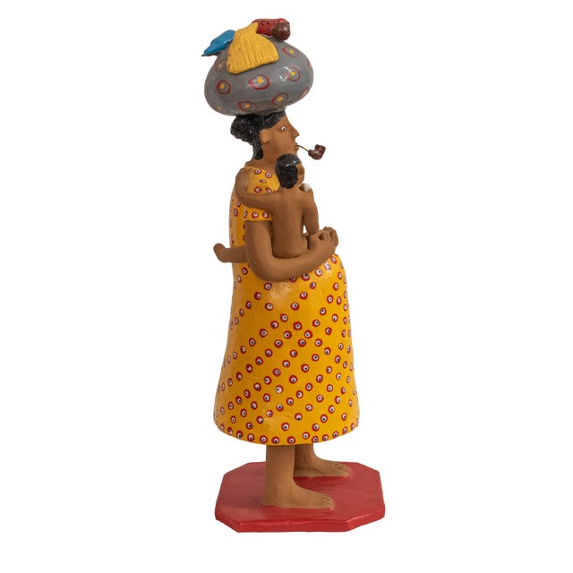 Folk Art Vintage Brazilian Folk Art Hand-Painted Clay Sculpture "Woman With Baby" For Sale - Image 3 of 5