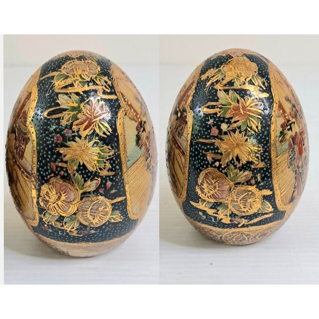 Vintage Pair Chinese Satsuma‑Style Hand‑Painted Porcelain Eggs 5" For Sale In West Palm - Image 6 of 10
