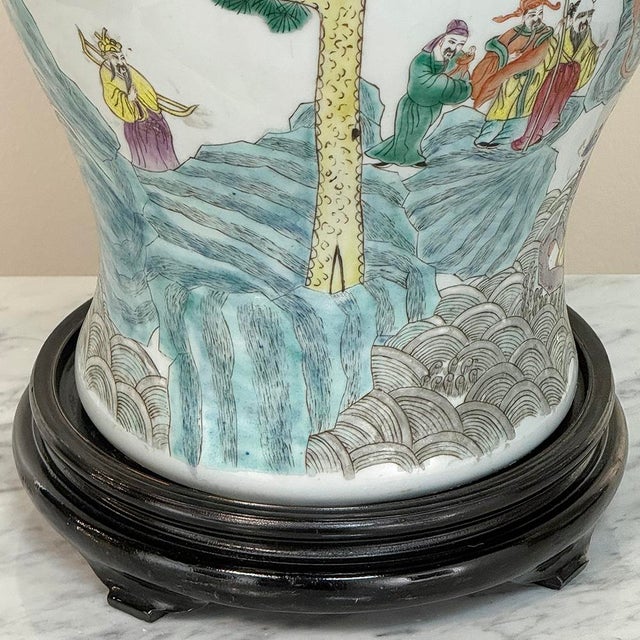 Pair Antique Chinese Porcelain Lidded Urns With Wood Bases For Sale - Image 11 of 12