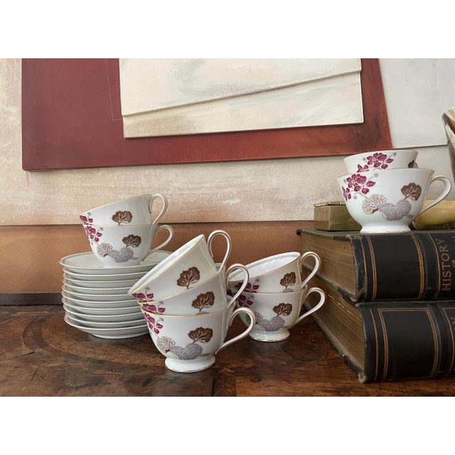 Vintage Noritake Geranium Burgundy and Gray Teacups and Saucers - Set of Nine (9) For Sale In Chicago - Image 6 of 9