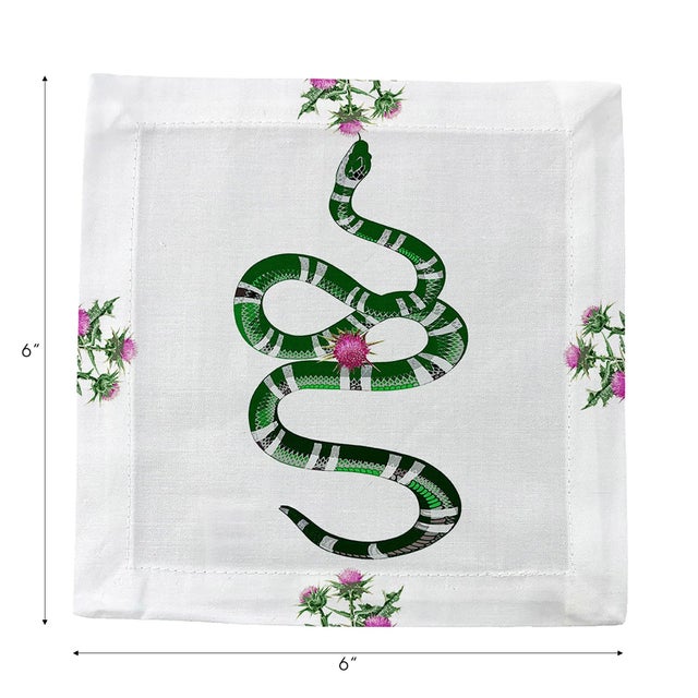 Thistle And Snake Cotton Sateen Cocktail Napkins in Pink White, Set of 4 For Sale - Image 4 of 6